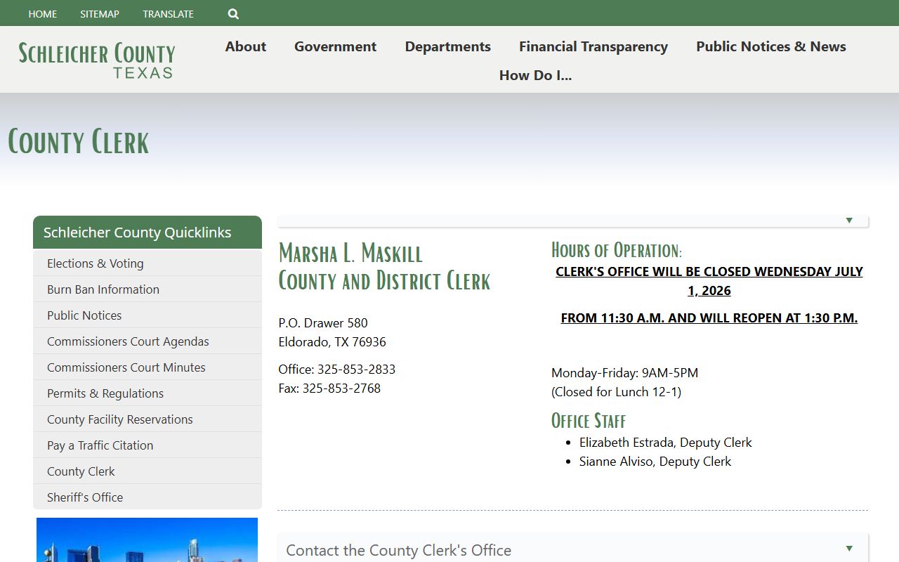 Schleicher County court records clerk contact page