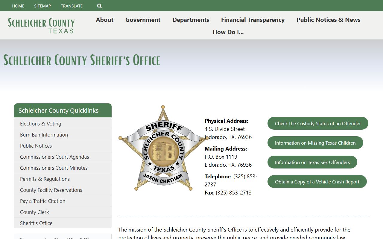 Schleicher County inmate lookup sheriff contact page
